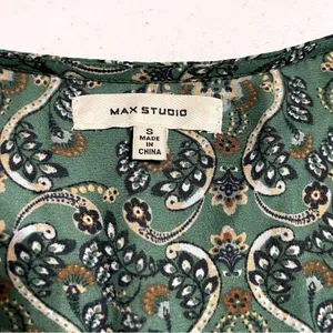 Max Studio Green Paisley Tie Front Peplum Blouse Size Small | Smocked Back V-Nec thumbnail 10