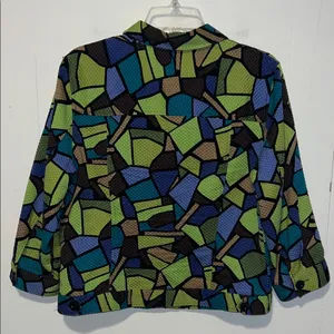 Linear Multicolored Geometric Pattern Lightweight Button Up Jacket 071426 Green Size M thumbnail 3