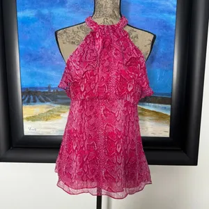 BCBGMaxAzria Ruffled Pink Snake Print Silk Halter Blouse Top Azaelea SMALL thumbnail 2