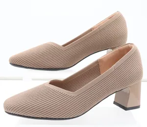 Taupe Ribbed Knit Block Heel Pumps Square Toe Comfort Insole Size 41 thumbnail 1