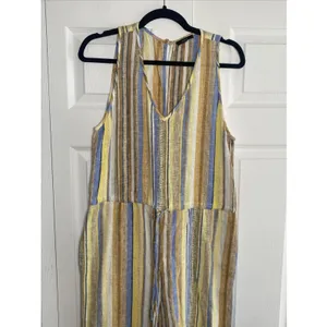 DREW Anthropologie Medium Lemon Cole Linen Yellow Striped Jumpsuit Raw Hem‎ thumbnail 2