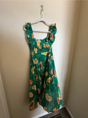Farm Rio Green Papaya Salad Midi Dress Sz Small Floral Tropical Vacation Resort thumbnail 8