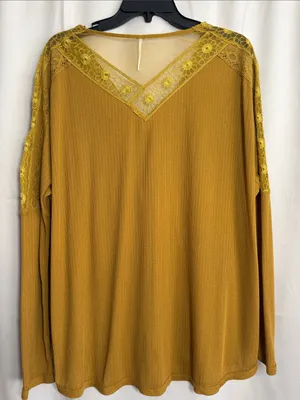 Free People Lola Lace Trim V-Neck Top Alchemy Mustard Yellow Large thumbnail 3