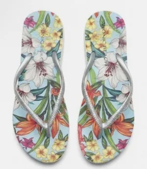 Vionic Flip Flops Womens Beach Noosa Blue Tropical Floral Silver Sandals Size 8 thumbnail 1