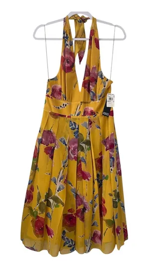 Adrianna Papell Size-10 Women's Midi Dress Halter‎ Yellow Floral Silk $160 thumbnail 1
