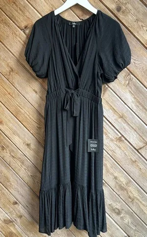 Lulus black midi ruffle puff sleeve v neck dress size medium new NWT thumbnail 1