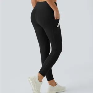 Halara SoftlyZero™ High Waisted Double Pockets Plain Leggings-UPF50+ in black. thumbnail 3