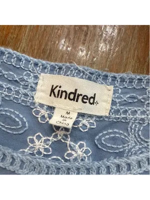 Kindred Boho Embroidered Eyelet Lace Bell Sleeve Top Blue Scalloped Hem Size M thumbnail 7