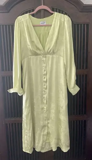 Frnch Paris Lime Green Satin Midi Dress Size L Long Sleeve Button Front thumbnail 1