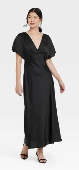 A New Day Women's Satin Flutter Short Sleeve Maxi A-Line Dress - Black, Medium thumbnail 1
