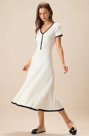 Rihoas Women's White Contrasting Sweater Midi Dress thumbnail 1
