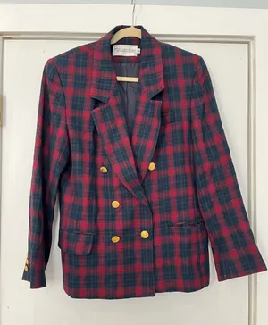 Vintage Red Green Navy Plaid Double-Breasted Blazer gold button wool HOLES thumbnail 1