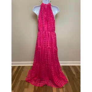 ChicWish Pink Dress with Solid & Sheer Checkered Overlay Halter Ruffle Neck Sz M thumbnail 4