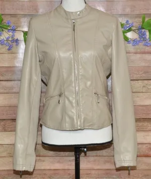 Therapy Faux Leather Moto Jacket Tan Stretch Panels Women’s Size S Zip Pockets thumbnail 1