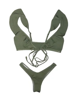 Zaful Army Green Ribbed Ruffle Bikini Set thumbnail 1
