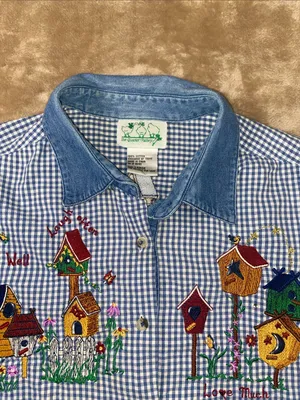 Quaker Factory Blue Gingham Button-Up Shirt with Embroidered Birdhouses thumbnail 5