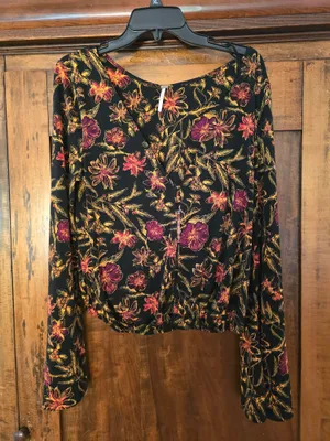 Free People Black Long-Sleeve Floral Top with Pink & Gold Blooms thumbnail 1