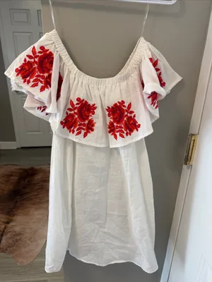 Umgee Off-The-Shoulder Boho Dress with Red Floral Embroidery & Pockets (Sz Large thumbnail 7