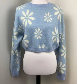 Witty Fox Blue Retro Floral Cropped Knit Sweater Large Daisy thumbnail 1