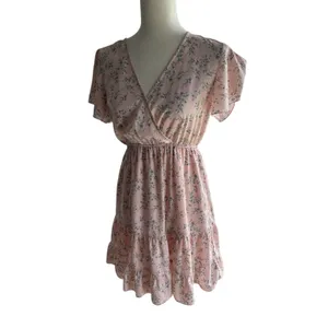 XS/S A-Line Short Pink Green Floral Flutter Sleeve V-Neck Sundress Ruffle thumbnail 3