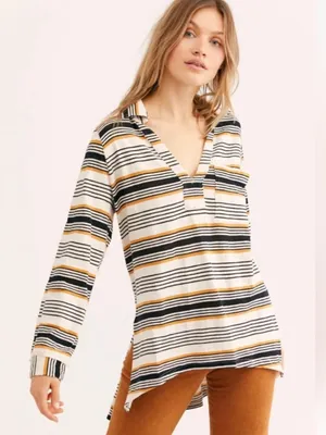 Free People Beach Breaker Tunic Stripe Ivory Black XS thumbnail 1