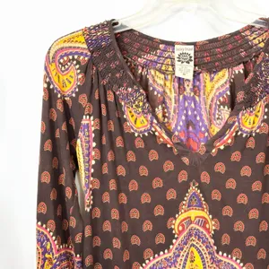 Lucky Brand XS Top VTG Y2K Hippie Paisley Smocked Brown Lotus Grunge Boho‎ 1309 thumbnail 3