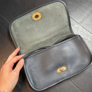 Vintage Navy Blue Genuine Leather‎ Crossbody Bag Gold Turnlock Flap Shoulder Bag thumbnail 3