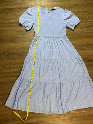 Smocked Bodice Puff Sleeve Maxi Dress in Light Blue thumbnail 4