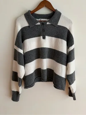 No Boundaries Striped Knit Polo Sweater Henley Grey White XL 16-18 Preppy thumbnail 1