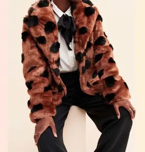 ICHI GINGERBREAD BROWN Faux Fur Coat With Abstract Accents Sz 40 Large NWT thumbnail 7