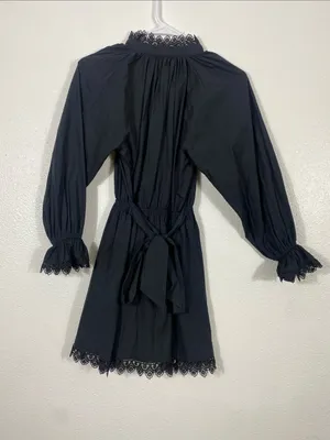 Girls' Black Long-Sleeve Lace-Trim Smocked Waist Dress Size12 100%Organic cotton thumbnail 6