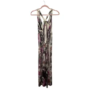 Doki Geki Watercolor Floral Maxi Dress Purple Racerback Empire Waist Resort, S thumbnail 3