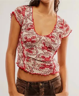 Free People Oh My Baby Mesh Tee L NWOT Sheer Y2K Fairy Grunge Top Red Floral thumbnail 1