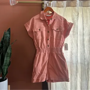 Sadie & Sage Clear Eyes Denim Romper Coral Pink‎ NWT Size S thumbnail 2