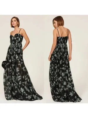 Sau Lee Georgina Gown 14 Floral Black Maxi Chiffon Pleated Aline Bodice thumbnail 2