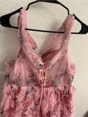 Feariesty Pink Floral Ruffle Strapless Formal Dress thumbnail 6