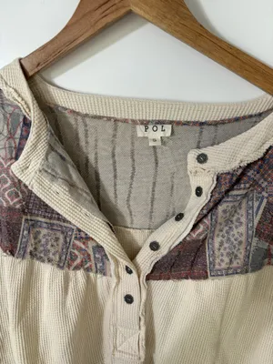 POL Patchwork long sleeve Henley Top thumbnail 2