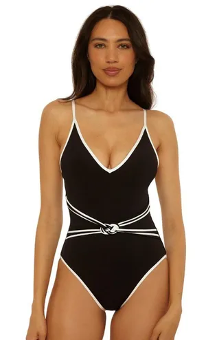 NWT Trina Turk Womens Triumph Micro Braided One-Piece Swimsuit Black / White 6 thumbnail 1