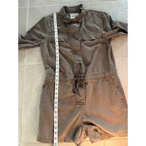 Lands End Jumpsuit Womens 8‎ Brown Linen 3" Shorts Utility Long Sleeve Romper thumbnail 8