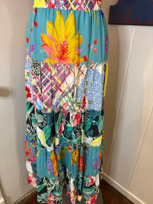 John Mark Teal Patchwork Floral Maxi Skirt with Bright Accents Sz M thumbnail 3