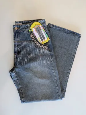 Rhinestone Embellished Wide Leg Jeans Dark Wash Bling Denim Size M thumbnail 12
