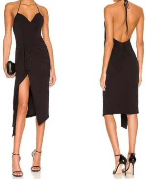 Katie May Ringleader Dress in Black Midi Slit Halter Neck Sleeves Gown NWOT‎ thumbnail 2