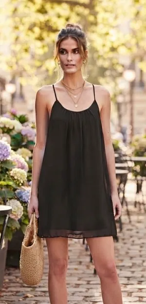 Black Chiffon Mini Dress Mesh Racerback Spaghetti Strap Babydoll L Casual Chic thumbnail 1