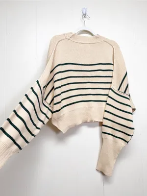 NEW CARLY JEAN LOS ANGELES CJLA Avila Cropped Sweater Green Stripe Large thumbnail 5