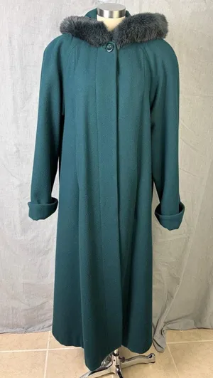 Donnybrook Wool Swing Coat Teal Green Rabbit Fur Trim Hood Vintage 90s Maxi 14 thumbnail 1