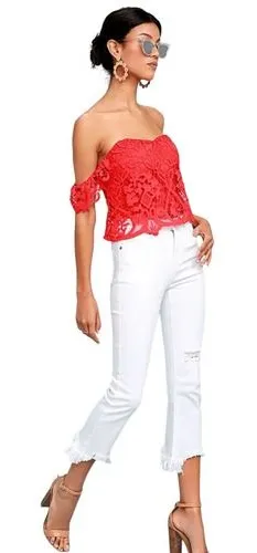 LUSH Red Lace Off Shoulder Cropped Top‎ Style Size L Juniors thumbnail 1