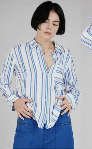 Cotélac Acoté Blue & Gold Striped Button Down Blouse French Designer Size XS/S‎ thumbnail 1