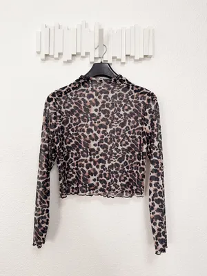 Miss Sparkling Leopard Print Sheer Mesh Mock Neck Long Sleeve Top XL thumbnail 2