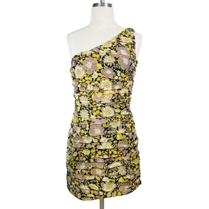 Zara Floral One Shoulder Ruched Mini Dress Size‎ M Yellow Purple Metallic NWT thumbnail 3