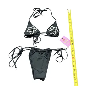 Strawberry Milk Bob Triangle Bikini Set Small Black Pearl Floral Beaded NWT thumbnail 5
